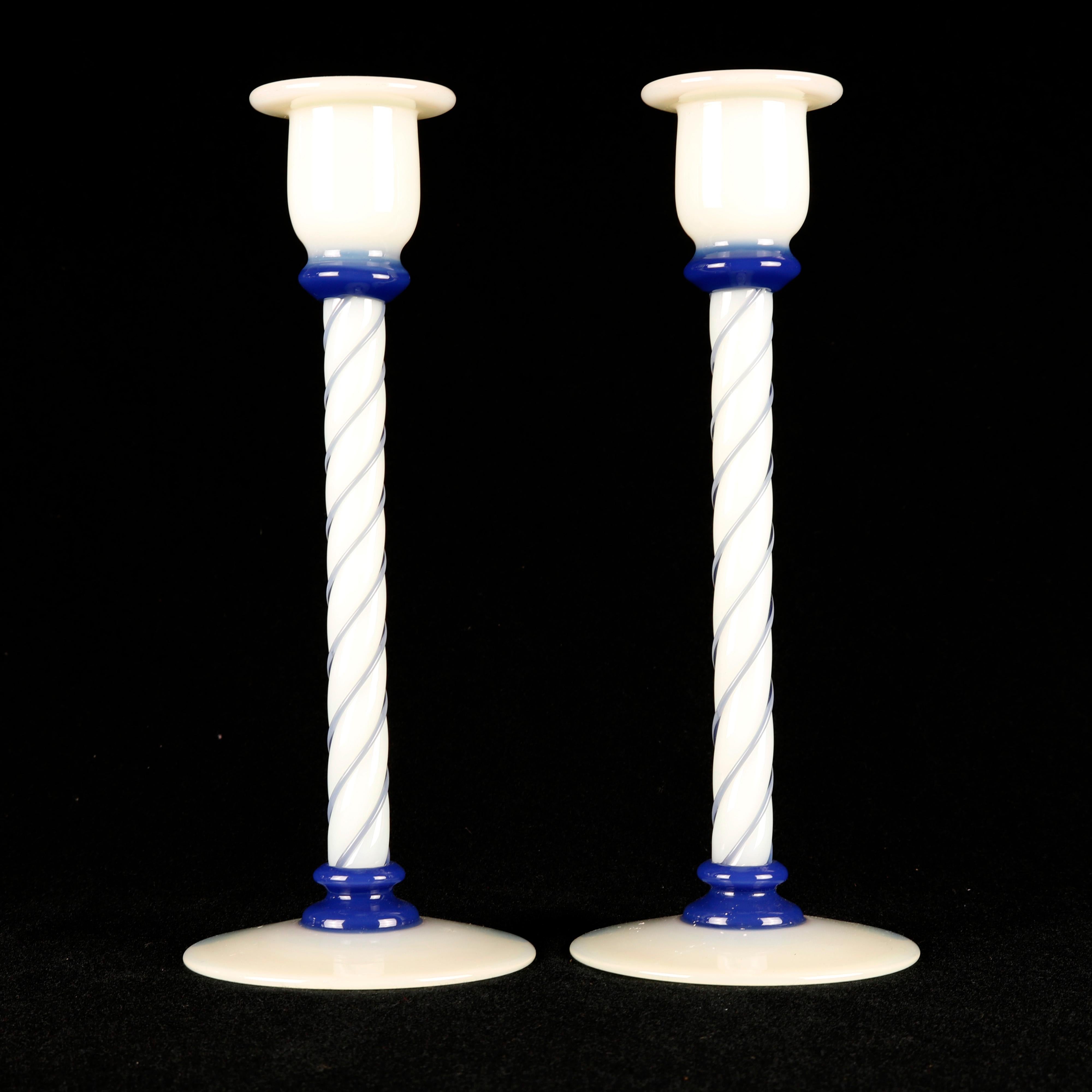 Vintage Pair of H.C. Fry Foval Hand Blown Art Glass Candlesticks, 20th Century 3