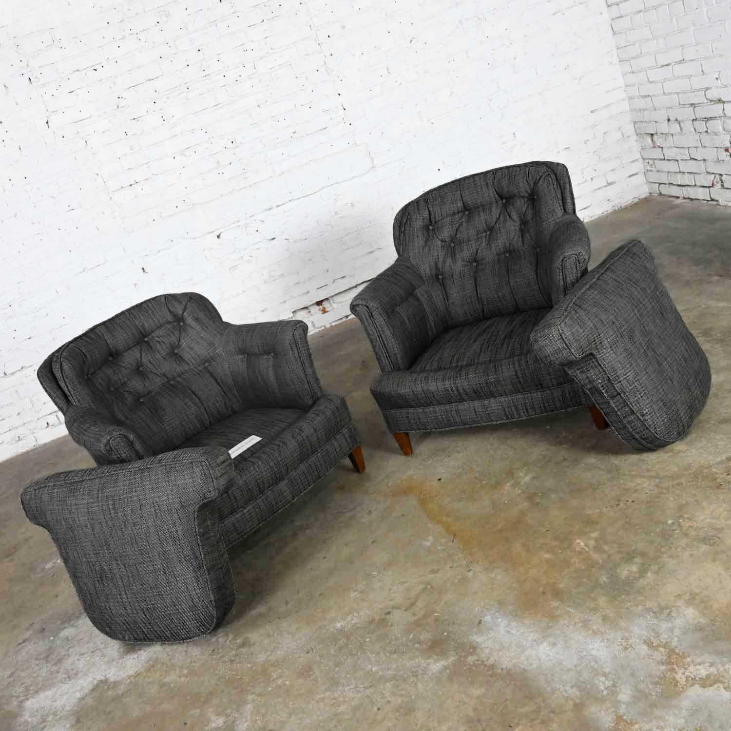 Vintage Pair Henredon Lounge Club Chairs Button Backs Fabricut Escapade Carbon 4