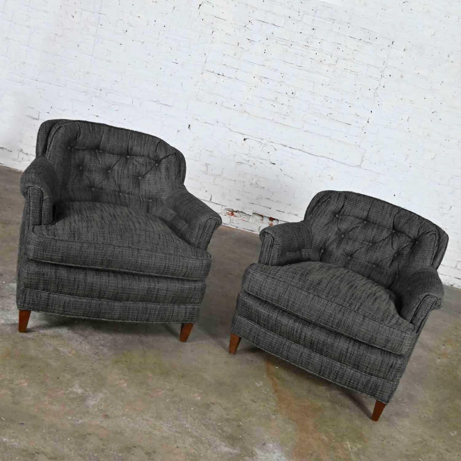 Hollywood Regency Vintage Pair Henredon Lounge Club Chairs Button Backs Fabricut Escapade Carbon