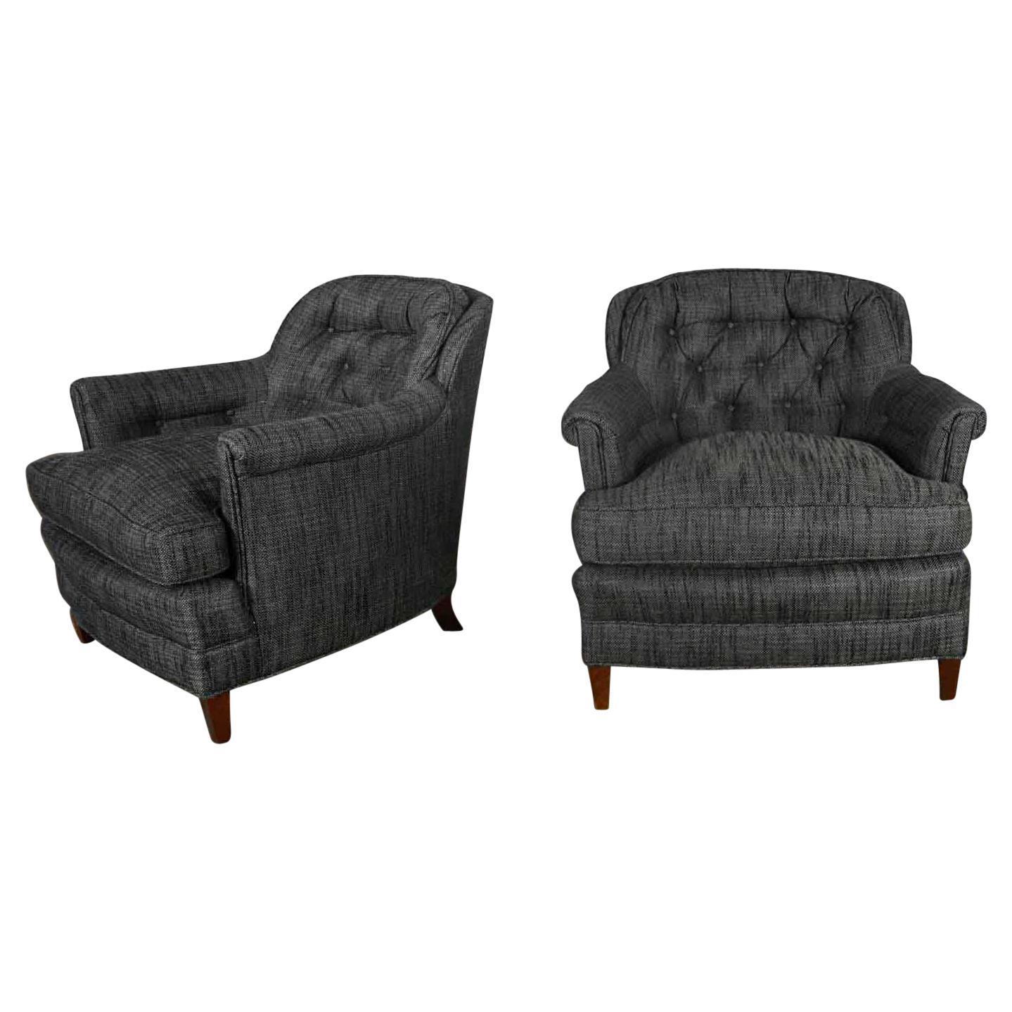 Vintage Pair Henredon Lounge Club Chairs Button Backs Fabricut Escapade Carbon