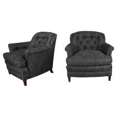 Retro Pair Henredon Lounge Club Chairs Button Backs Fabricut Escapade Carbon