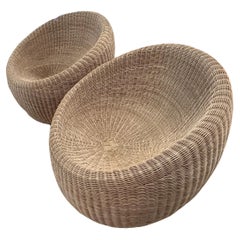 Vintage Pair Isamu Kenmochi Rattan Wicker Woven Round Lounge Chairs Japan