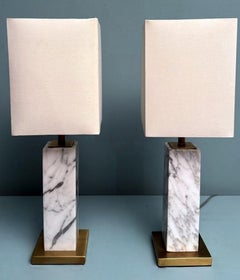 Vintage Pair Italian Bedside Table Lamps Brass Base Marble Column With Lampshade