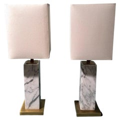 Vintage Pair Italian Bedside Table Lamps Brass Base Marble Column With Lampshade