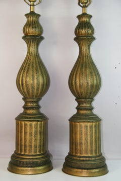 VIntage Pair  Tall Italian Green and Gold Ceramic Lamps