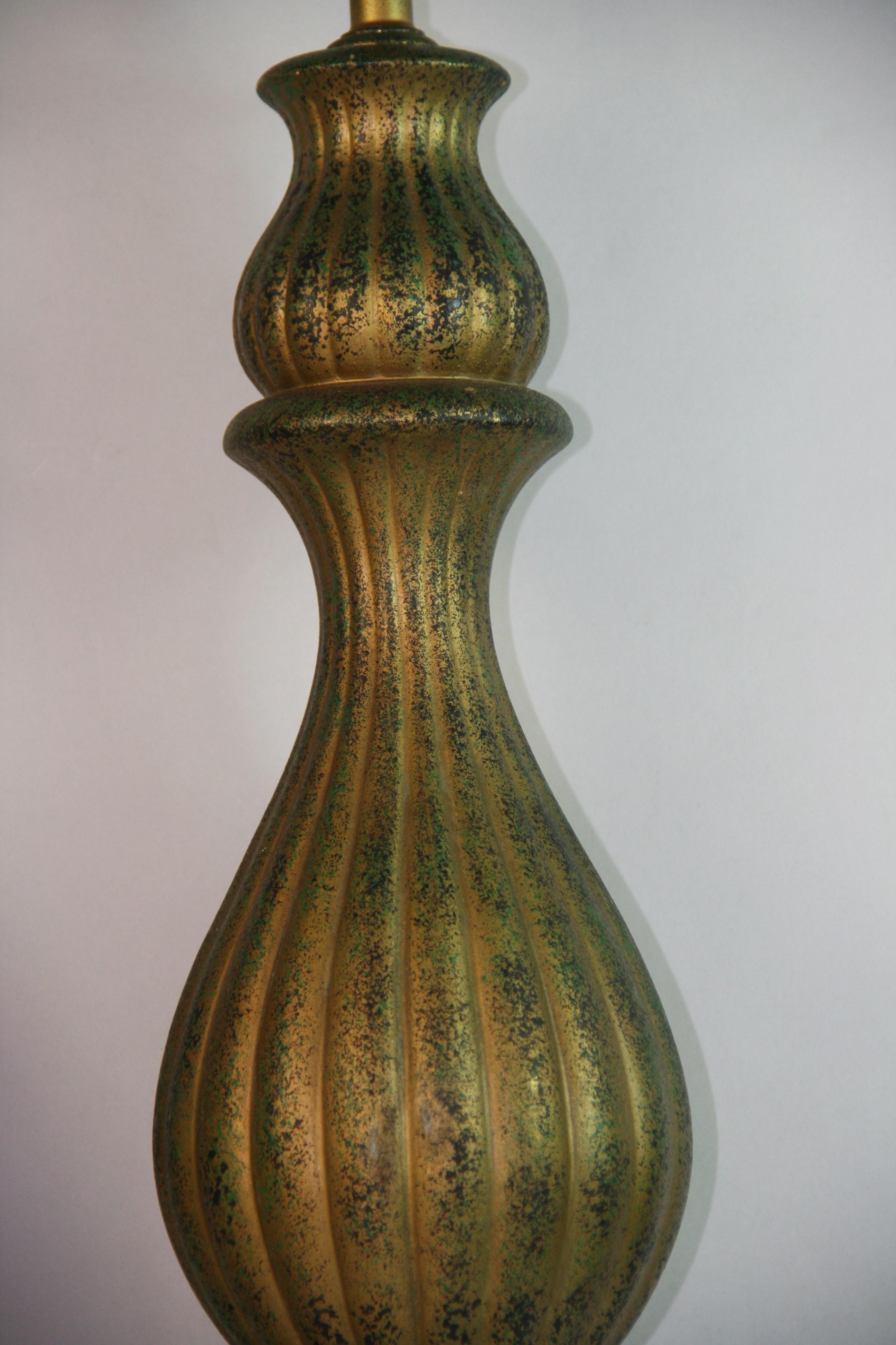 VIntage Pair  Tall Italian Green and Gold Ceramic Lamps In Good Condition For Sale In Douglas Manor, NY