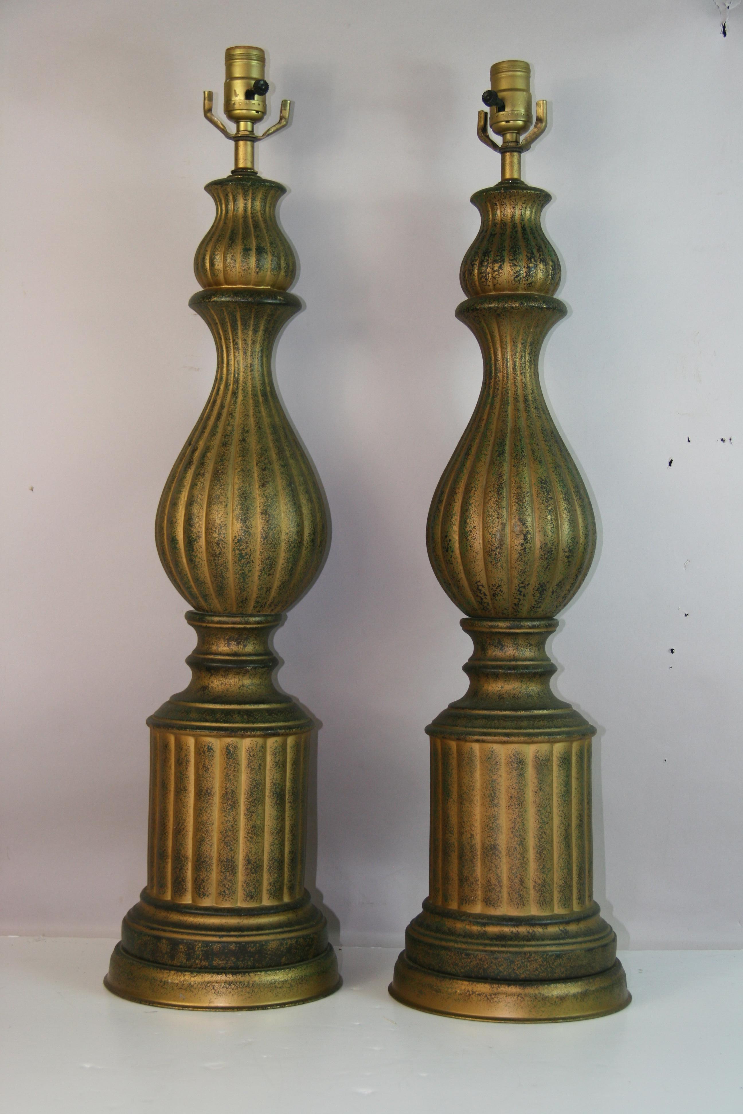 VIntage Pair  Tall Italian Green and Gold Ceramic Lamps For Sale 2