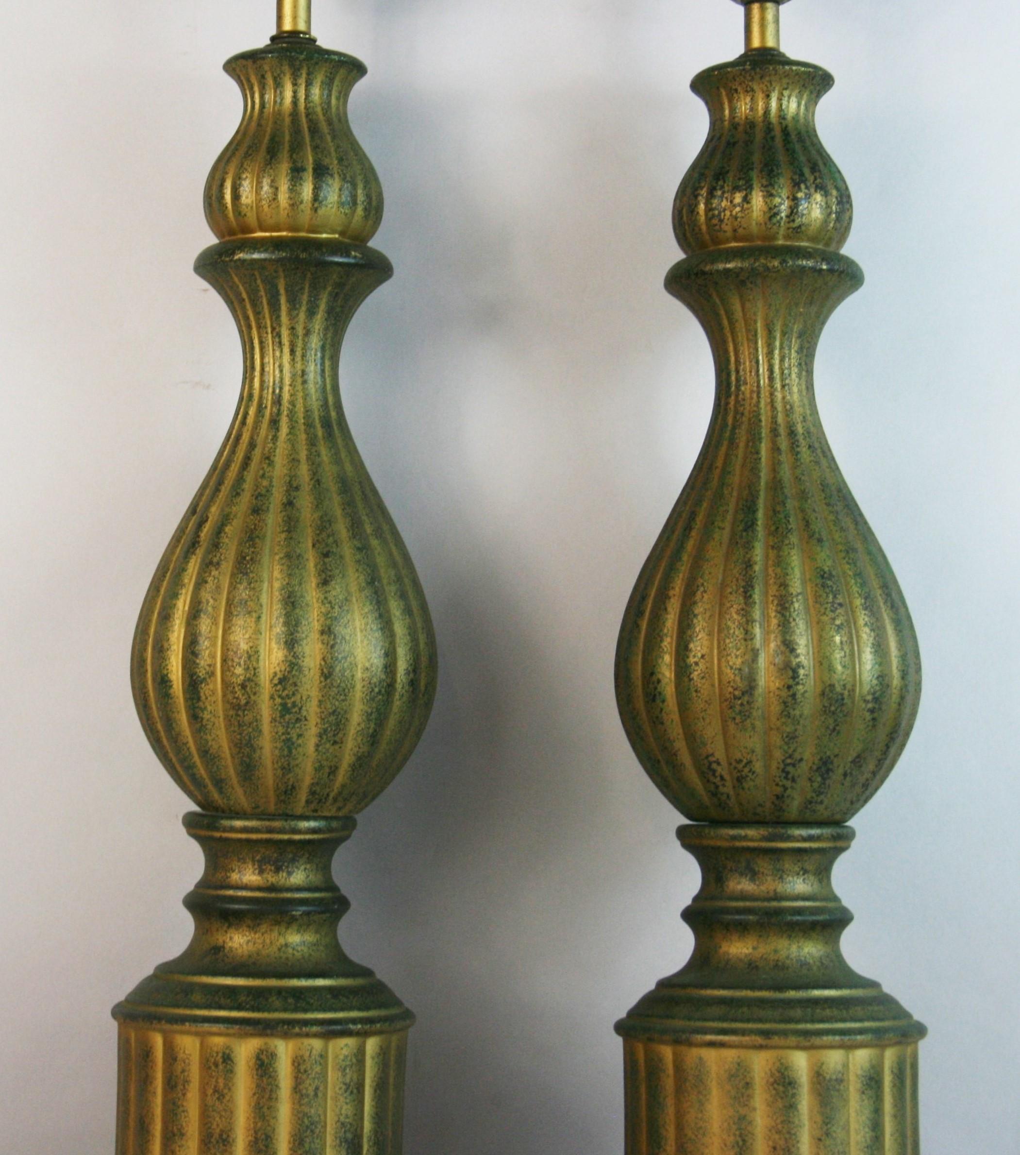 VIntage Pair  Tall Italian Green and Gold Ceramic Lamps For Sale 3