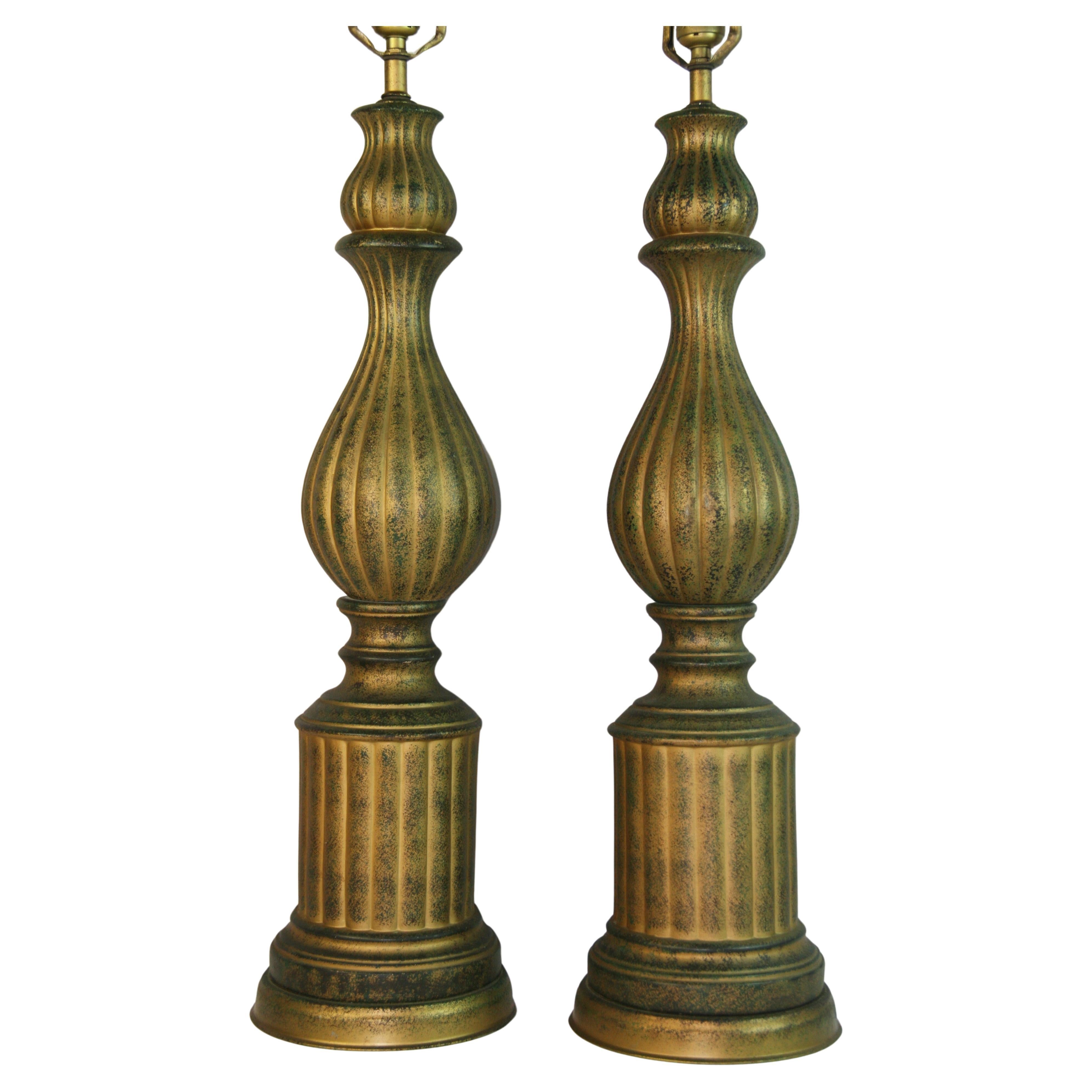 VIntage Pair  Tall Italian Green and Gold Ceramic Lamps For Sale