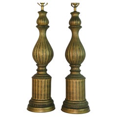 VIntage Pair  Tall Italian Green and Gold Ceramic Lamps