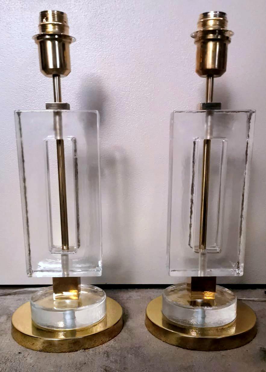 Hand-Crafted Vintage Pair Italian Lamps in Brass and Murano Glass 