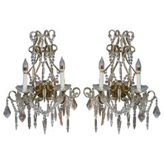 Vintage Pair of Italian Neoclassical Cut Glass and Gilt Metal Wall Sconces