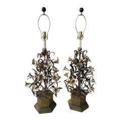 Vintage Pair Italian Tole Metal Urn Flowers Floral Urns Table Lamps Newly Wired