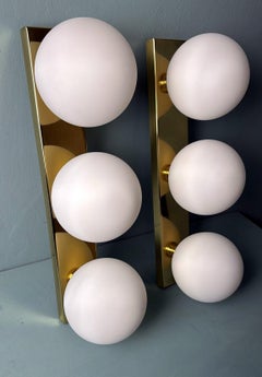 Vintage Pair Italian Wall Sconces  Brass Frame And Three Opaline Glass Globes