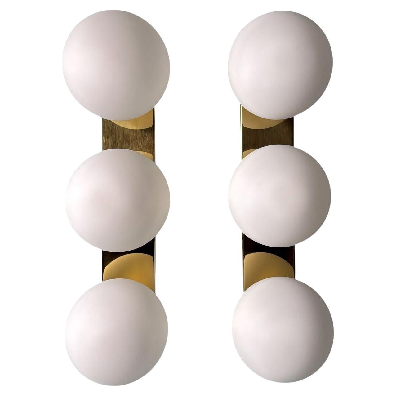 Vintage Pair Italian Wall Sconces  Brass Frame And Three Opaline Glass Globes