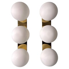 Vintage Pair Italian Wall Sconces  Brass Frame And Three Opaline Glass Globes