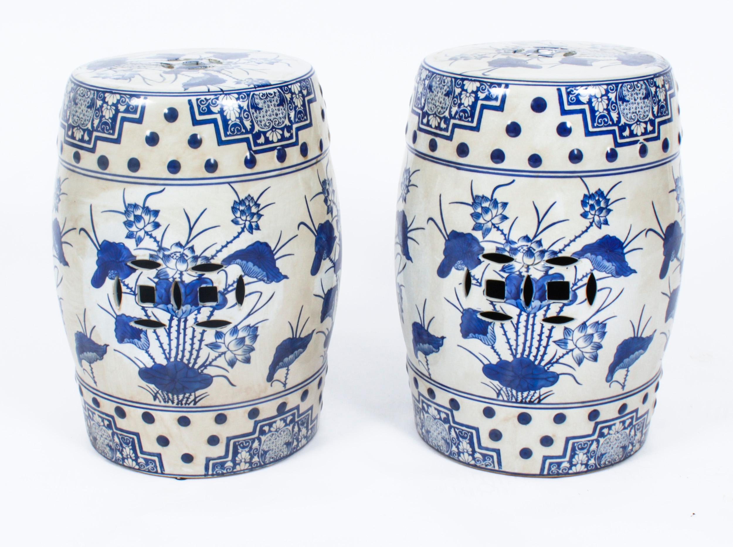 Vintage Pair Japanese Blue & White Porcelain Garden Seats 20th Century 9