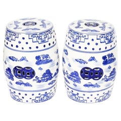 Vintage Pair Japanese Blue & White Porcelain Garden Seats 20th Century