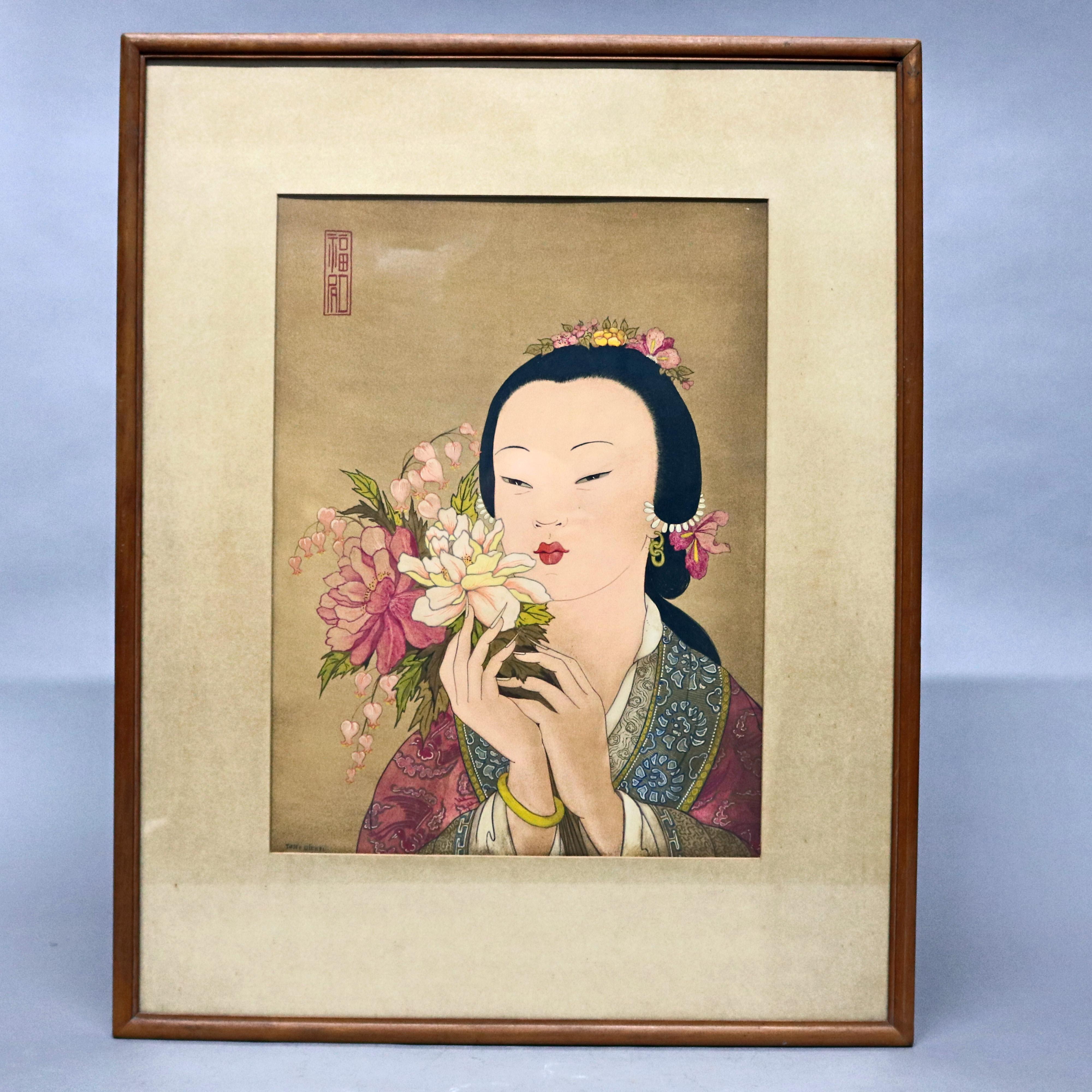 A vintage pair of Japanese woodblock portrait prints depicting Geisha Girls with flowers, stamped as photographed, 20th century.


Measures: 29.75