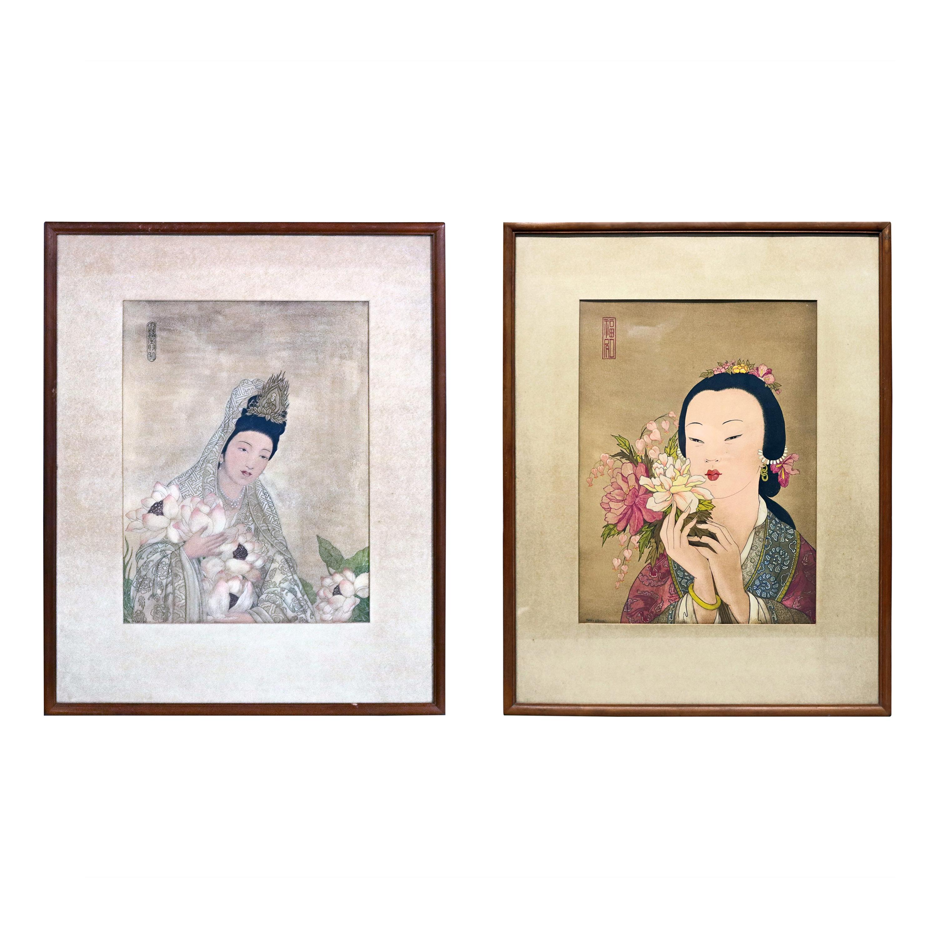 Pair of Japanese Woodblock Portrait Prints Geisha Girls, Stamped, circa 1920