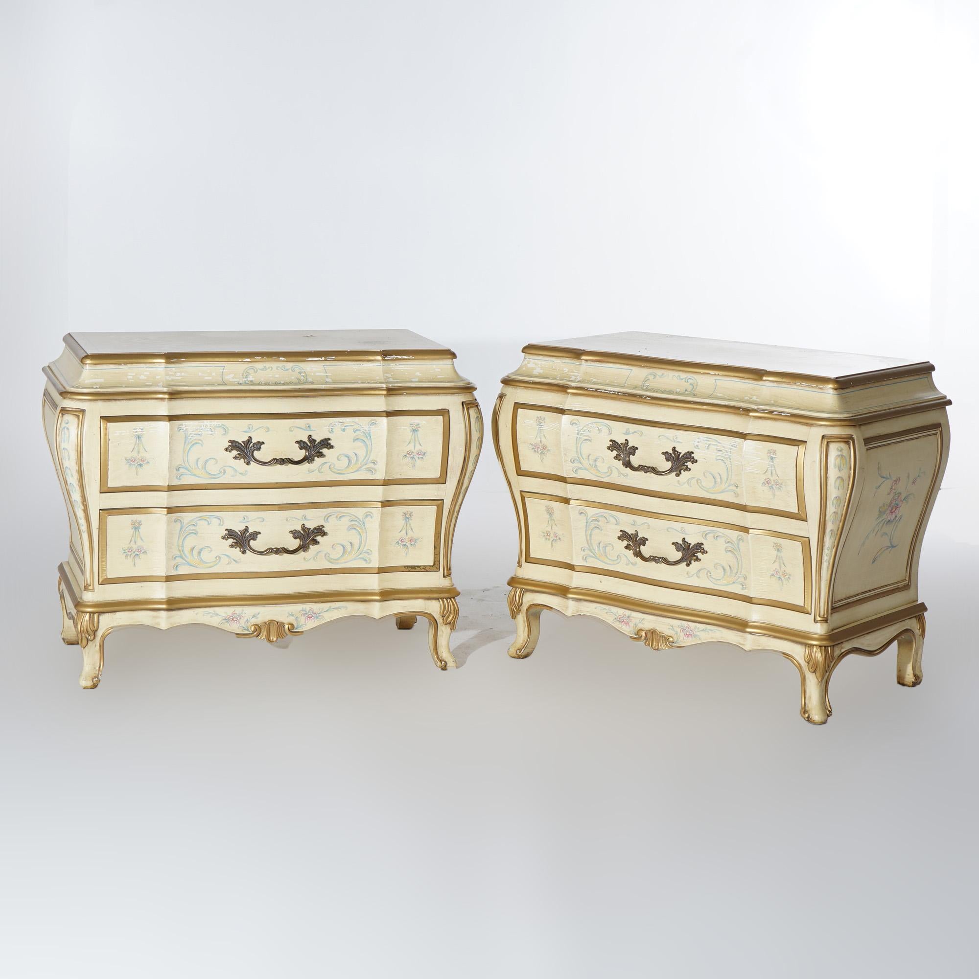 A vintage pair of French provincial style commodes by Karges offer bombe form with painted flowers, foliate cast pulls and gilt highlights, maker label as photographed, 20th century

Measures: 26