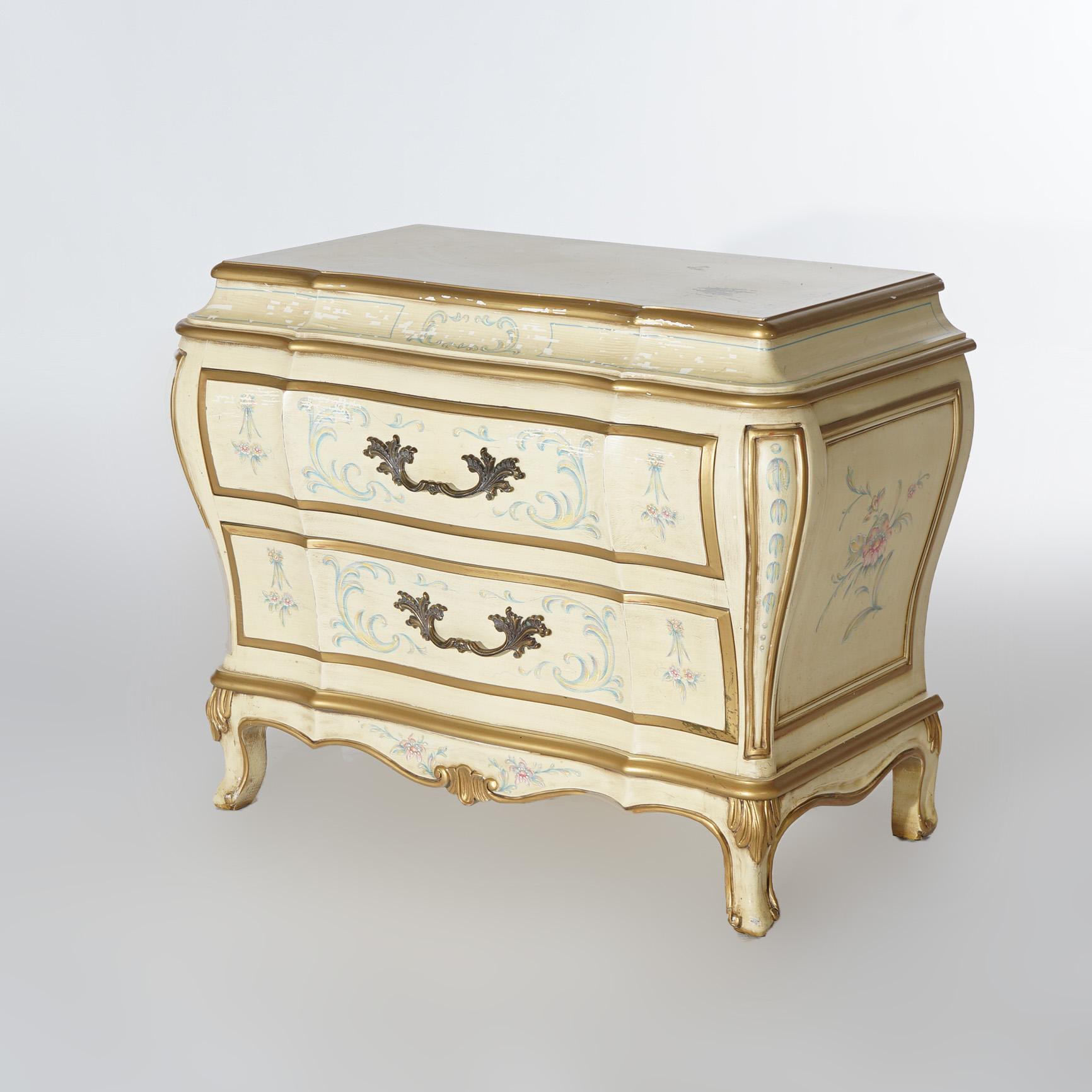 French Provincial Vintage Pair Karges French Bombe Floral Decorated Bombay Commodes, 20th C