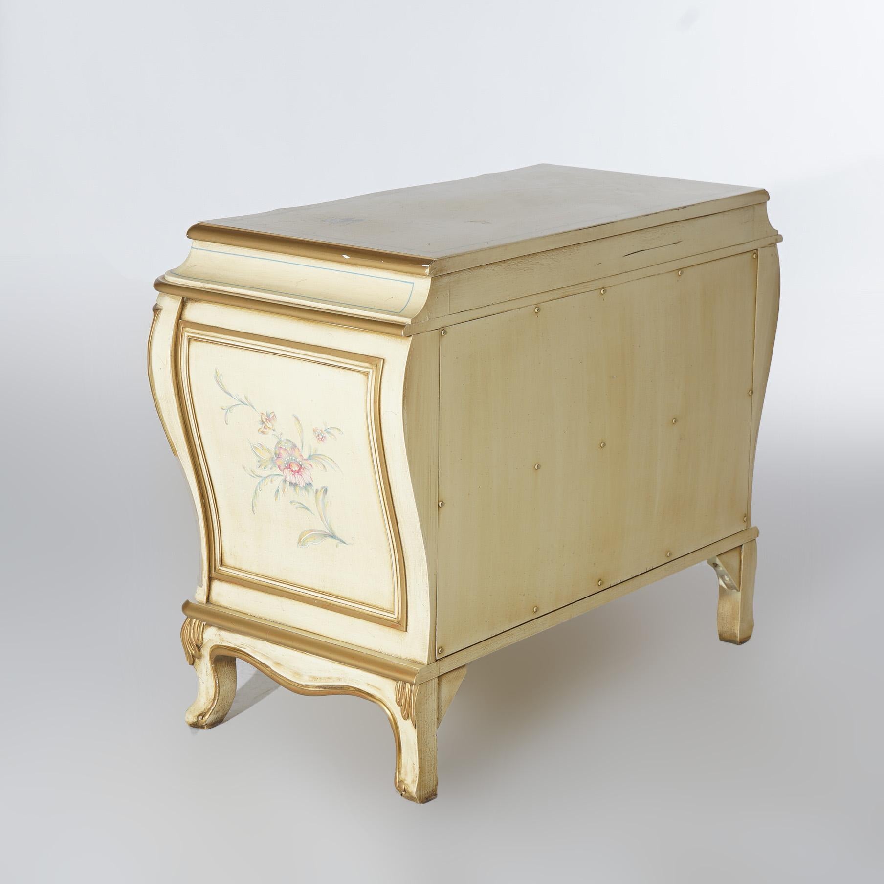 Vintage Pair Karges French Bombe Floral Decorated Bombay Commodes, 20th C In Good Condition In Big Flats, NY