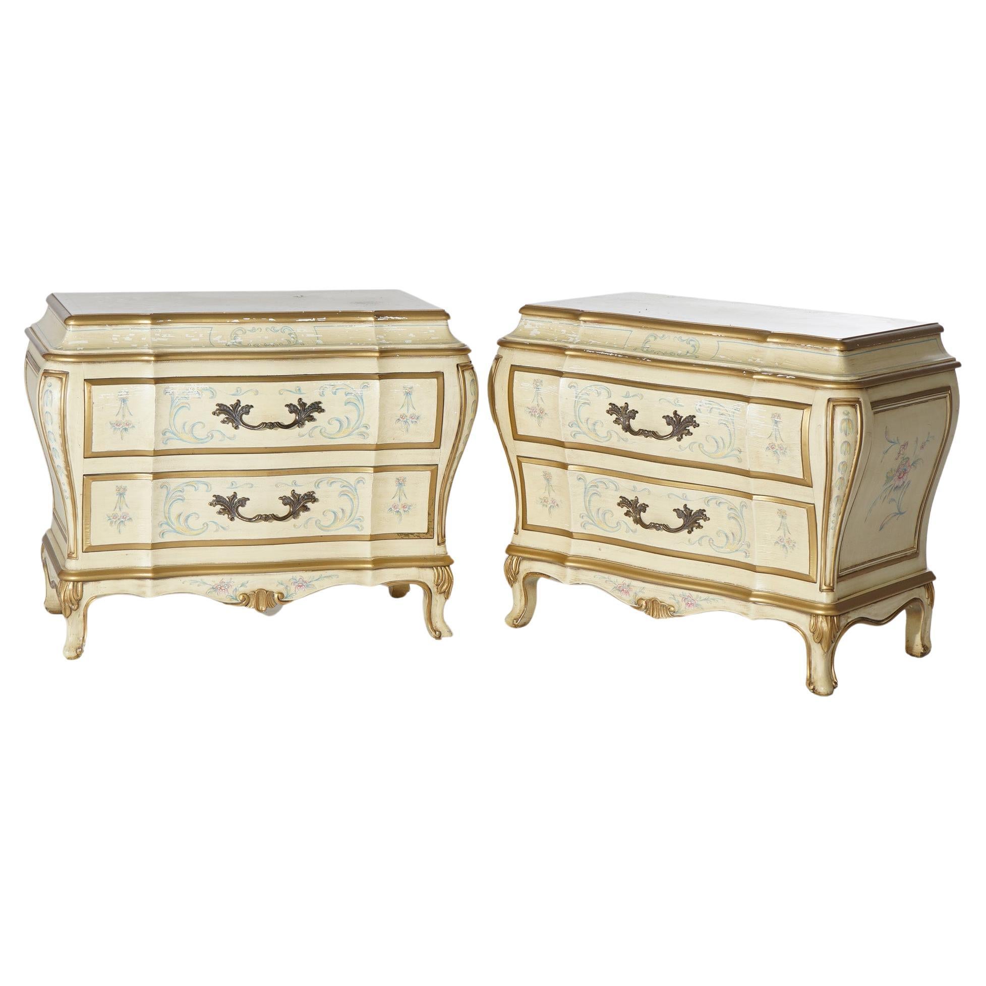 Vintage Pair Karges French Bombe Floral Decorated Bombay Commodes, 20th C