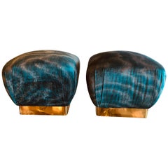 Vintage Pair Karl Springer Style Brass Upholstered Velvet Pouf Ottomans Benches