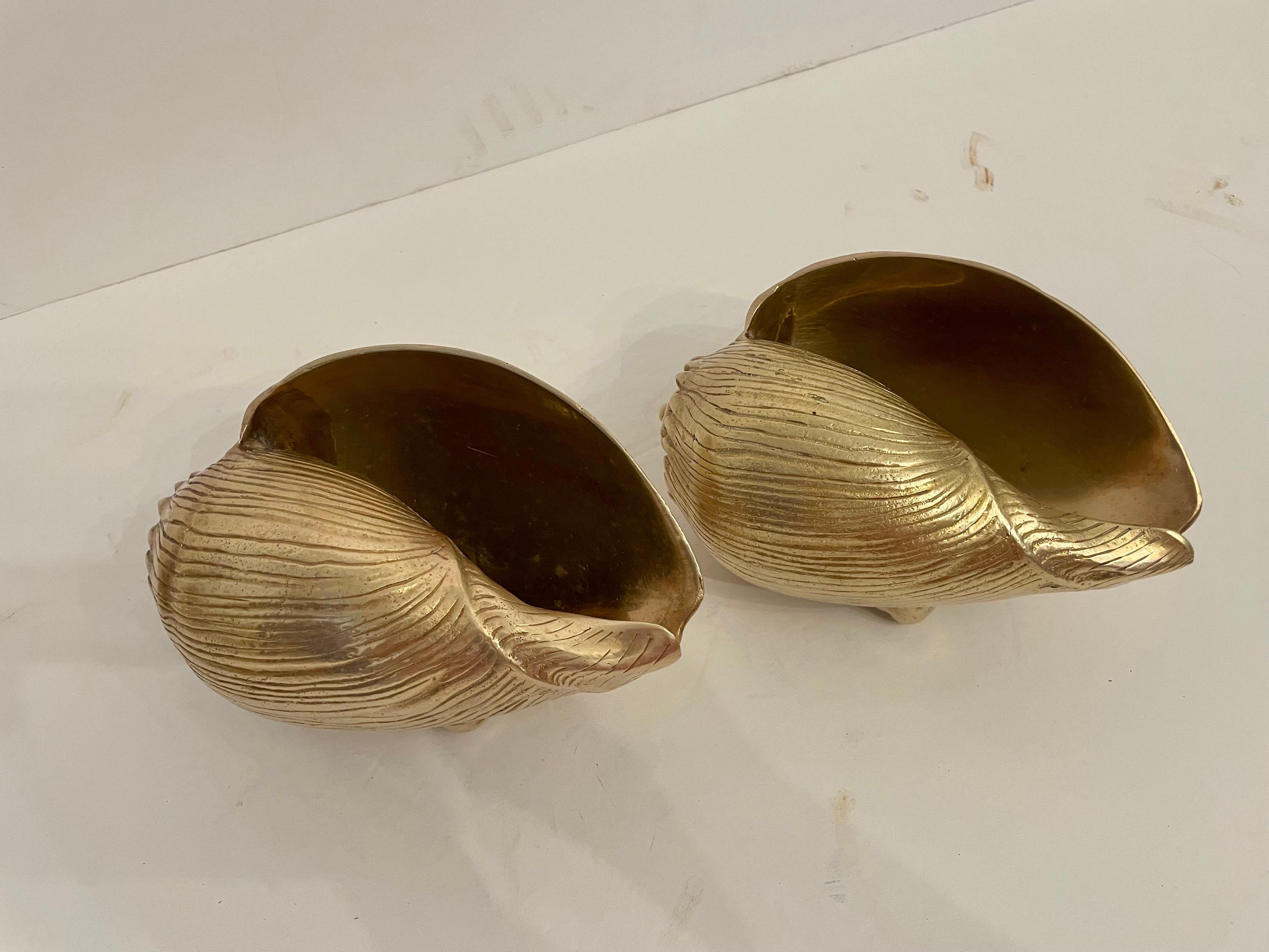 Vintage Pair Large Brass Seashell Planters 8