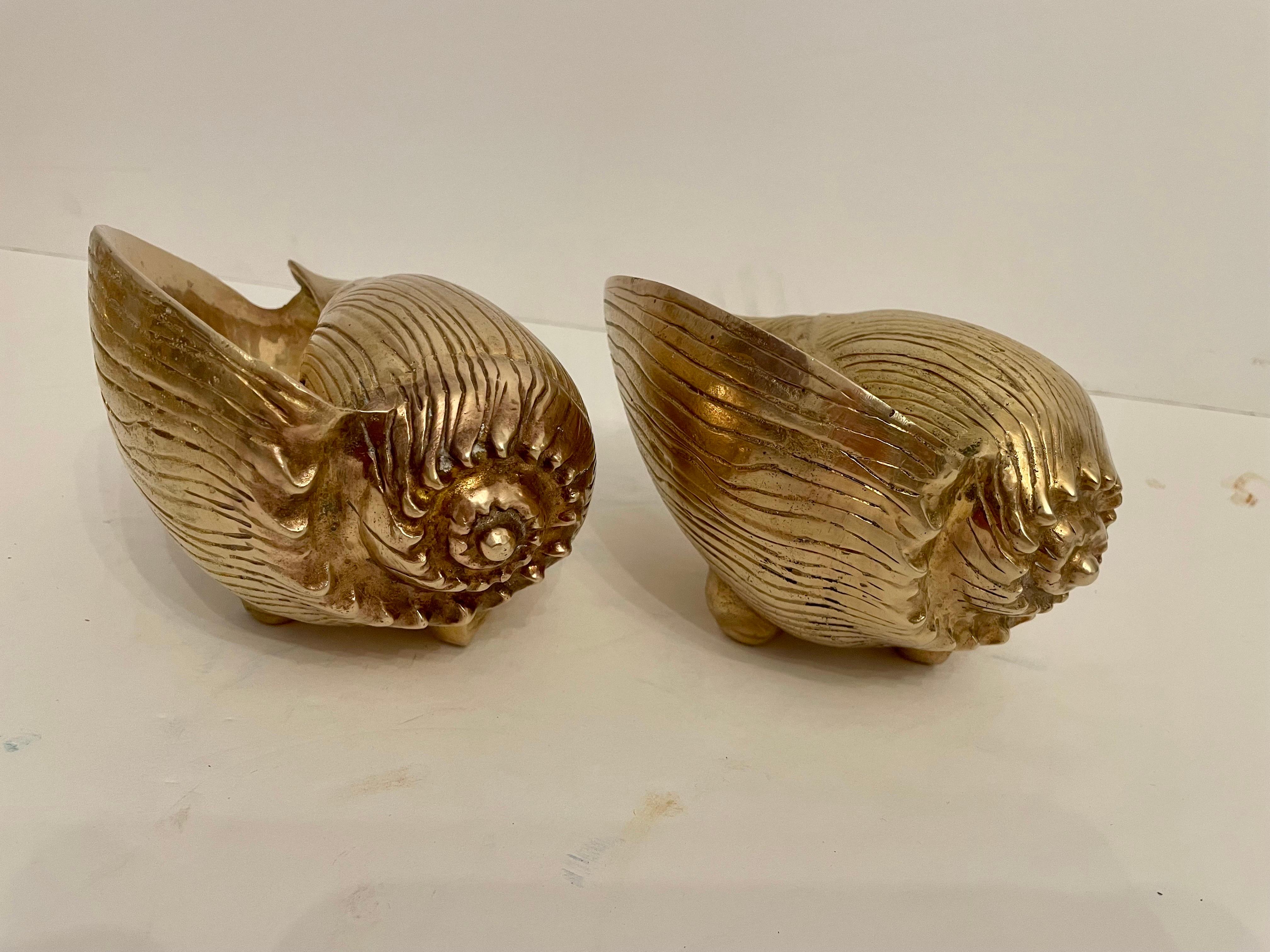 Vintage Pair Large Brass Seashell Planters 11