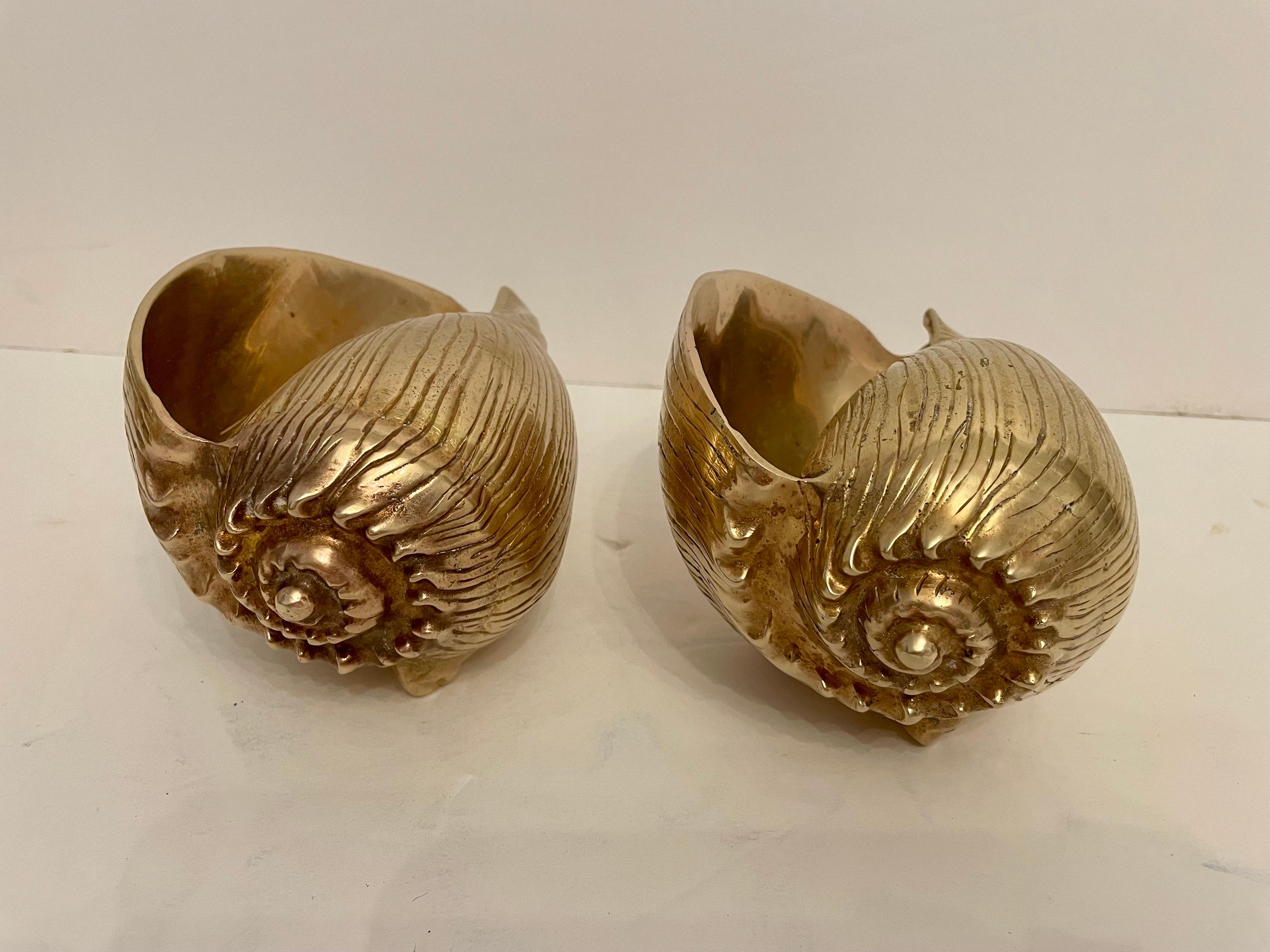 Hollywood Regency Vintage Pair Large Brass Seashell Planters
