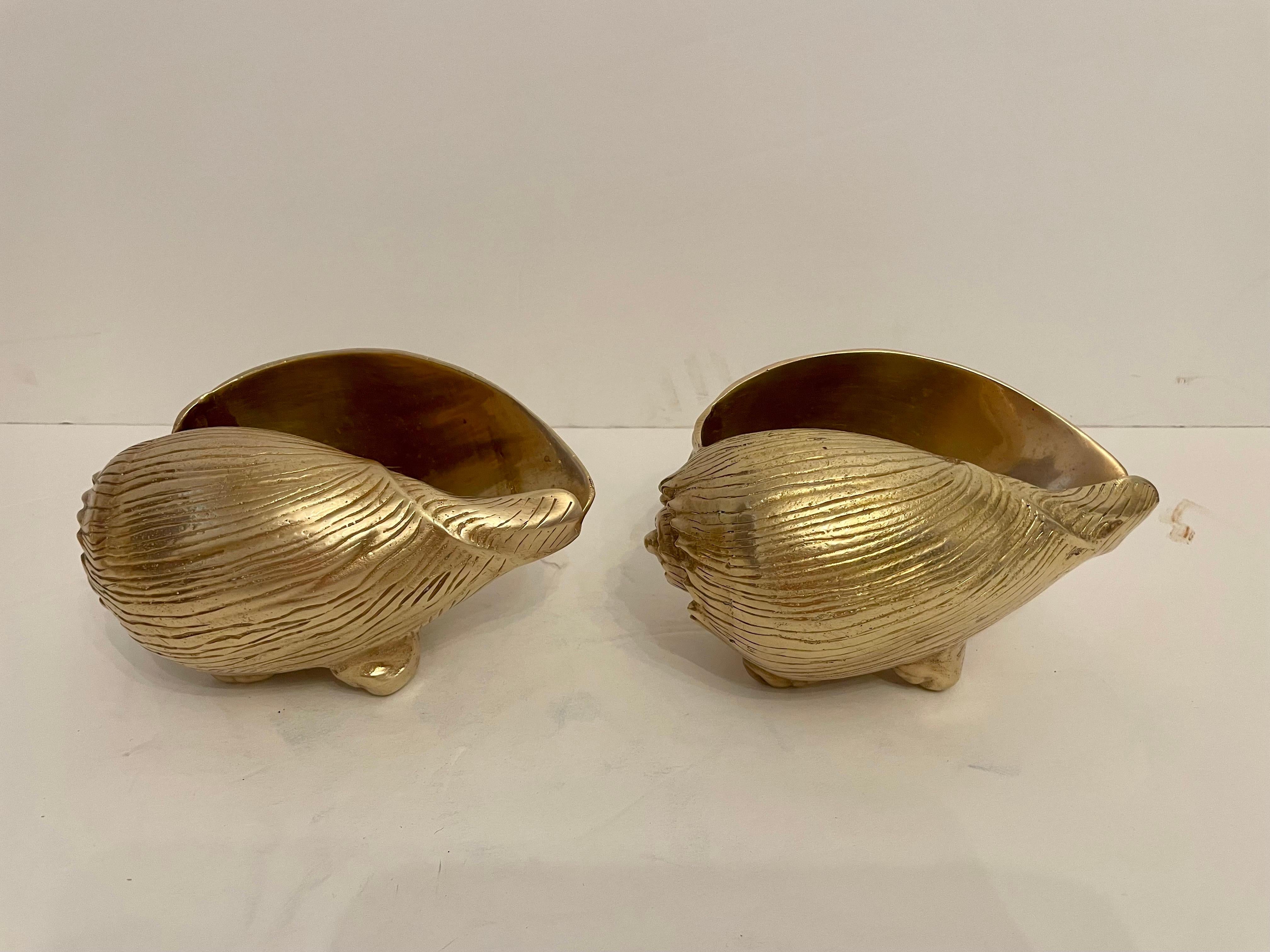 Unknown Vintage Pair Large Brass Seashell Planters