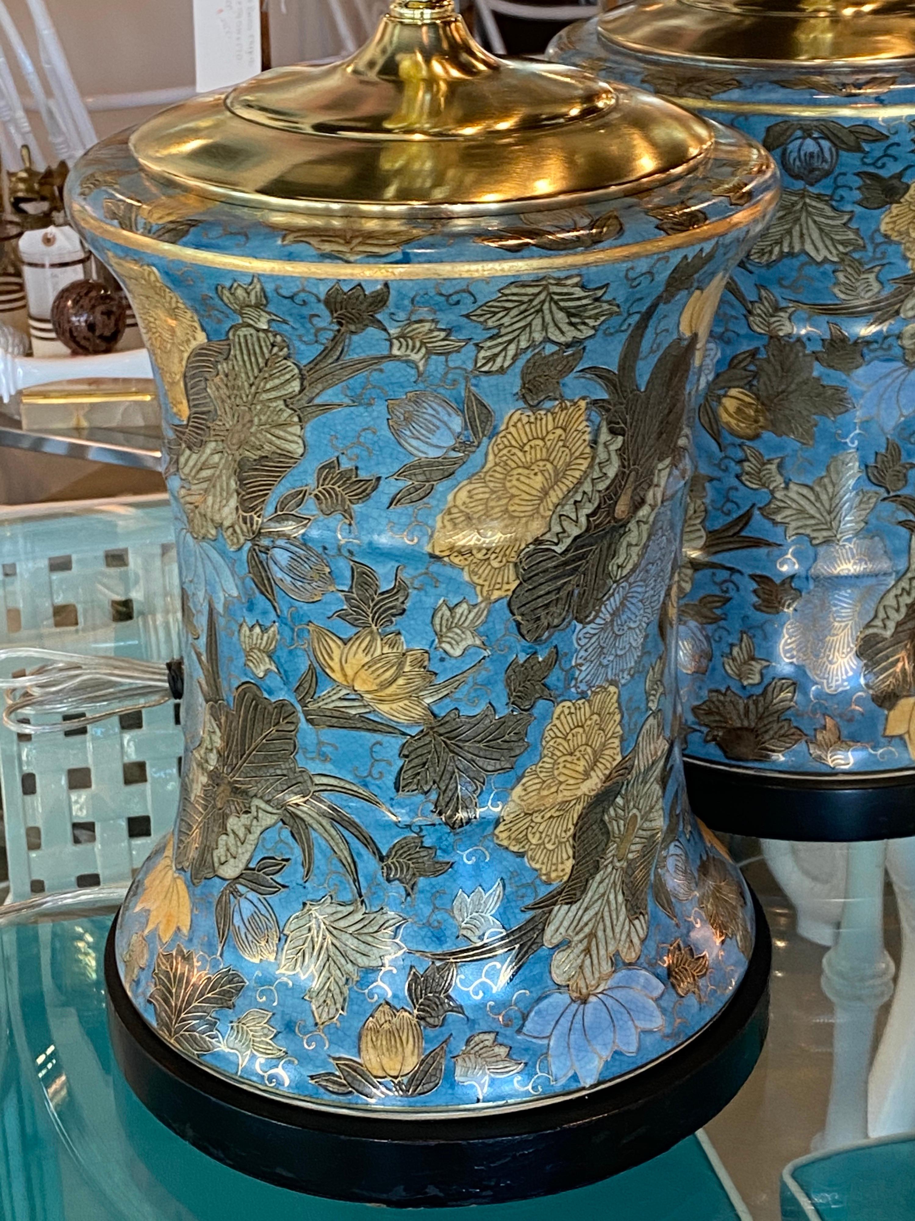 Vintage Pair Large Floral Porcelain Chinoiserie Blue Drum Table Lamps New Wiring For Sale 3