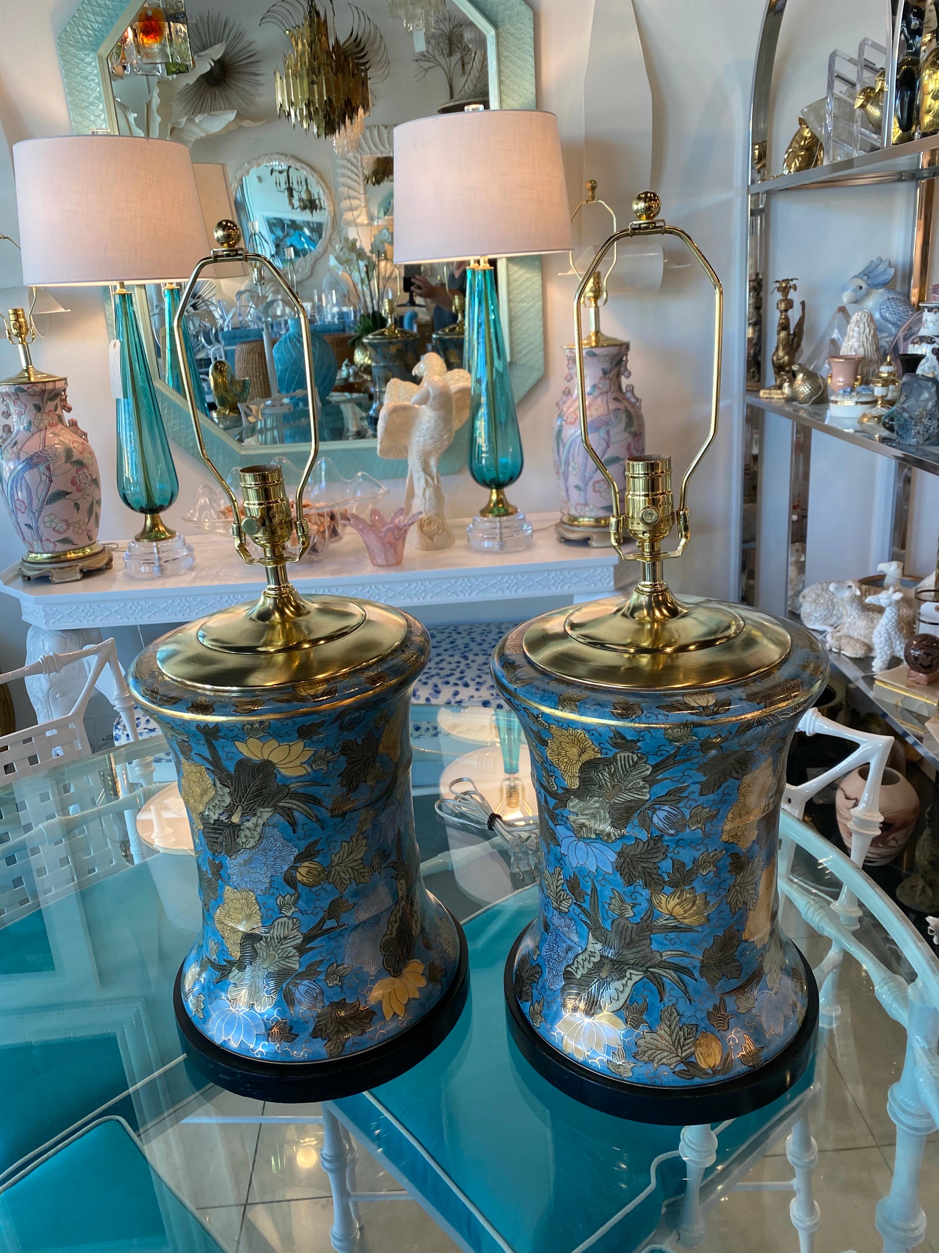 Lovely pair of large drum porcelain table lamps. Blue and gold. Newly wired with all new brass sockets. No chips or breaks. 
30 H to finial
22 H to socket.