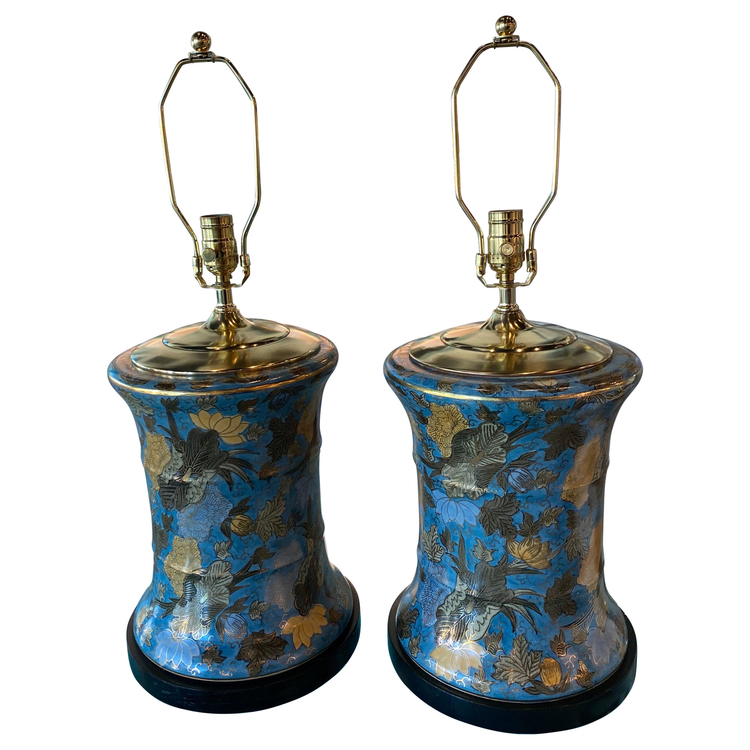 Vintage Pair Large Floral Porcelain Chinoiserie Blue Drum Table Lamps New Wiring For Sale