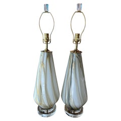 Vintage Pair Large Murano Marble Swirl Glass Table Lamps Lucite Brass Restored