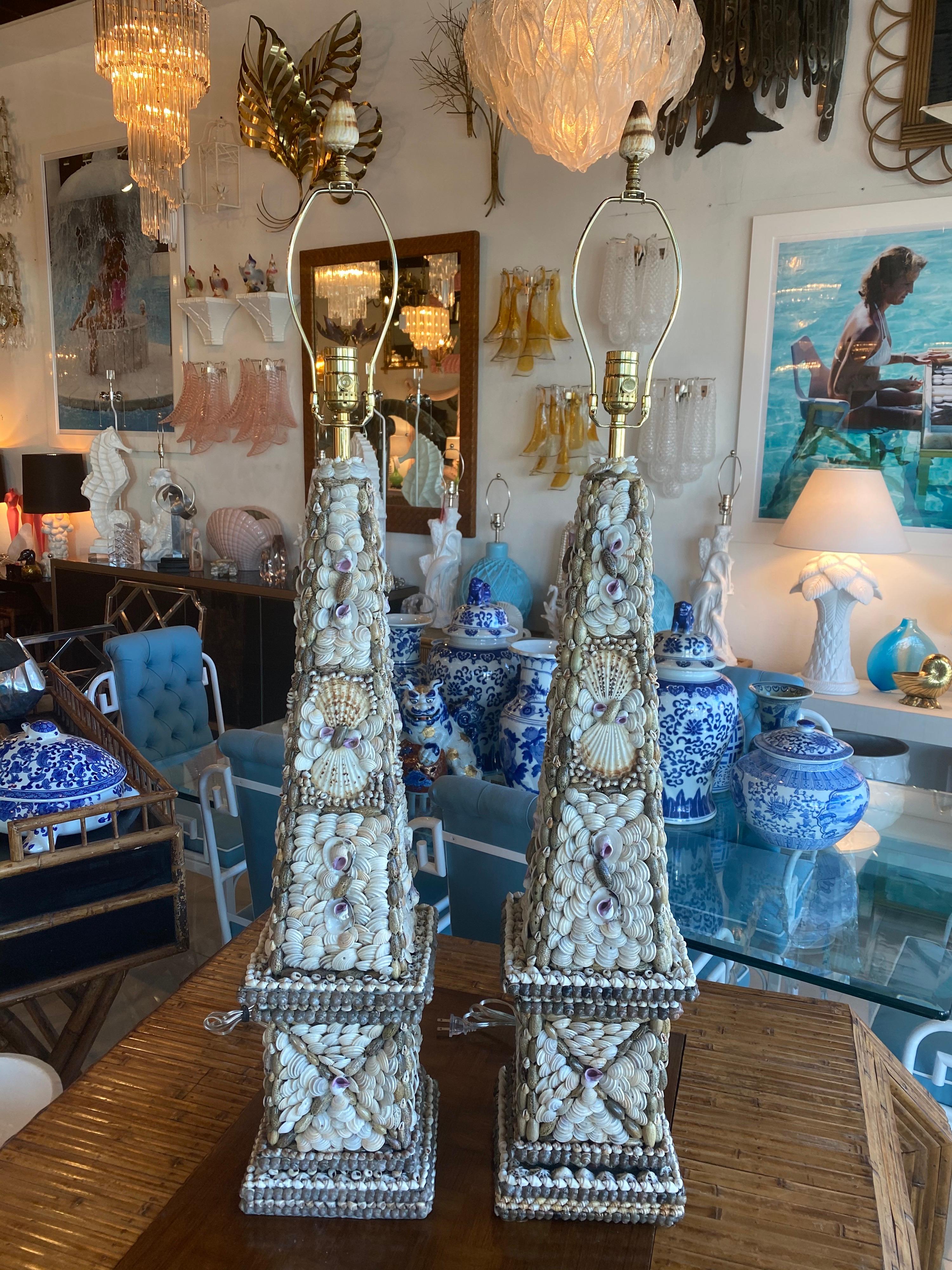 Brass Vintage Pair Large Palm Beach Seashell Shell Obelisk Table Lamps Newly Wired