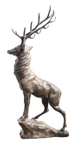 Vintage Pair Life-Size Bronze Stags Deer Statues, 20th Century