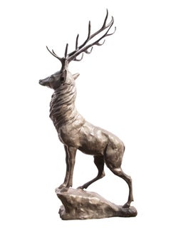 Vintage Pair Life-Size Bronze Stags Deer Statues 20th Century