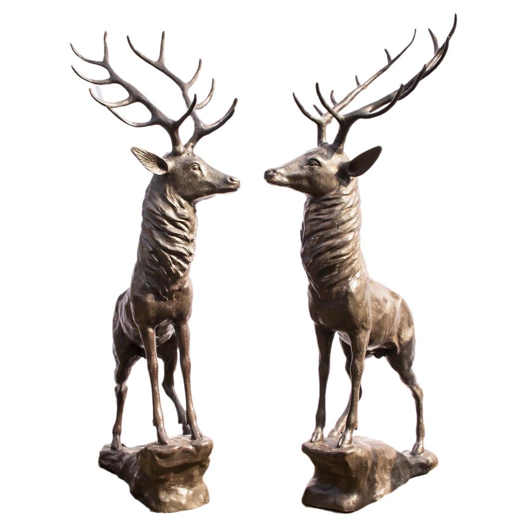 Vintage Pair Life-Size Bronze Stags Deer Statues, 20th Century