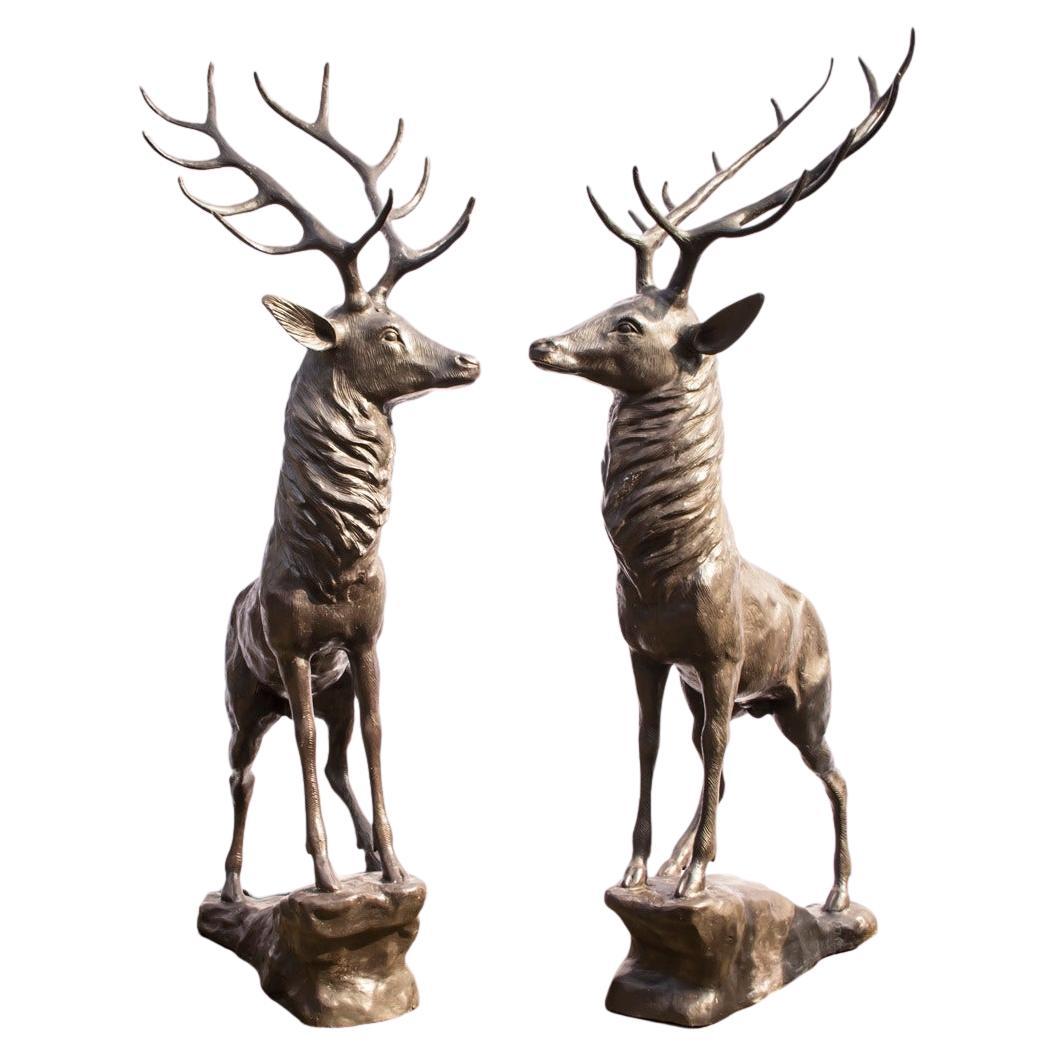 Vintage Pair Life-Size Bronze Stags Deer Statues 20th Century