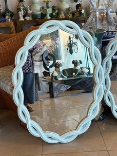 Vintage Pair Light Aqua Lacquered Palm Beach Scalloped Oval Wall Mirrors