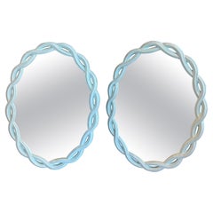 Vintage Pair Light Aqua Lacquered Palm Beach Scalloped Oval Wall Mirrors