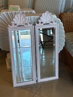 Vintage Pair Light Pink Lacquered Palm Beach Scalloped Shell Wall Mirrors