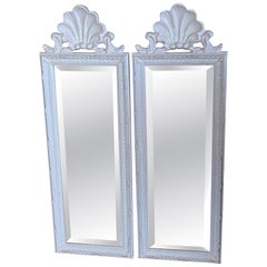 Vintage Pair Light Pink Lacquered Palm Beach Scalloped Shell Wall Mirrors