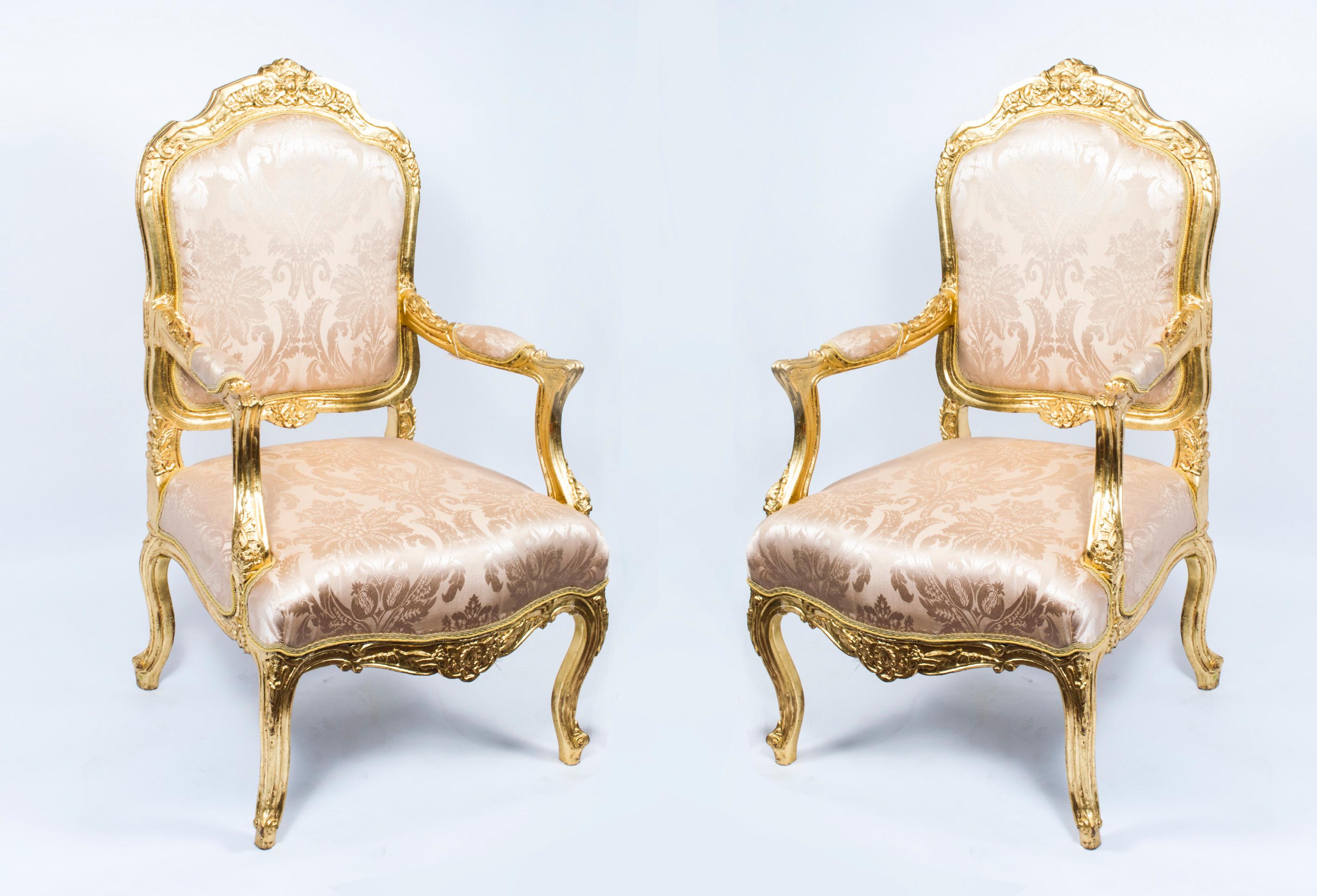 Vintage Pair Louis XV Revival French Gilded Armchairs 20th Century For Sale 9