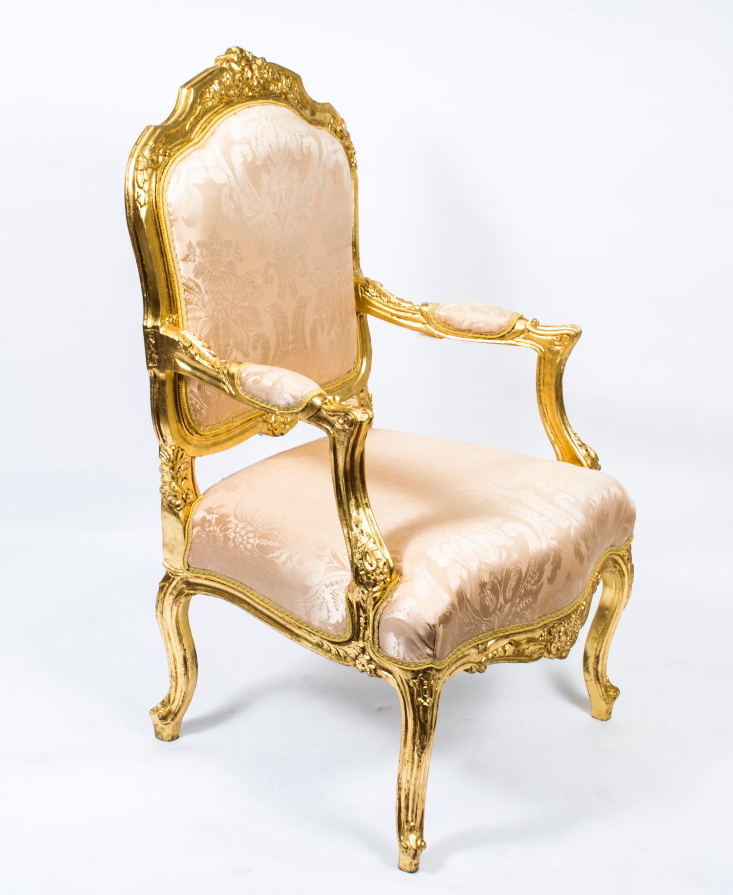 English Vintage Pair Louis XV Revival French Gilded Armchairs 20th Century For Sale
