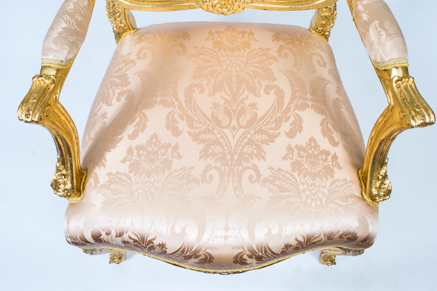 Giltwood Vintage Pair Louis XV Revival French Gilded Armchairs 20th Century For Sale