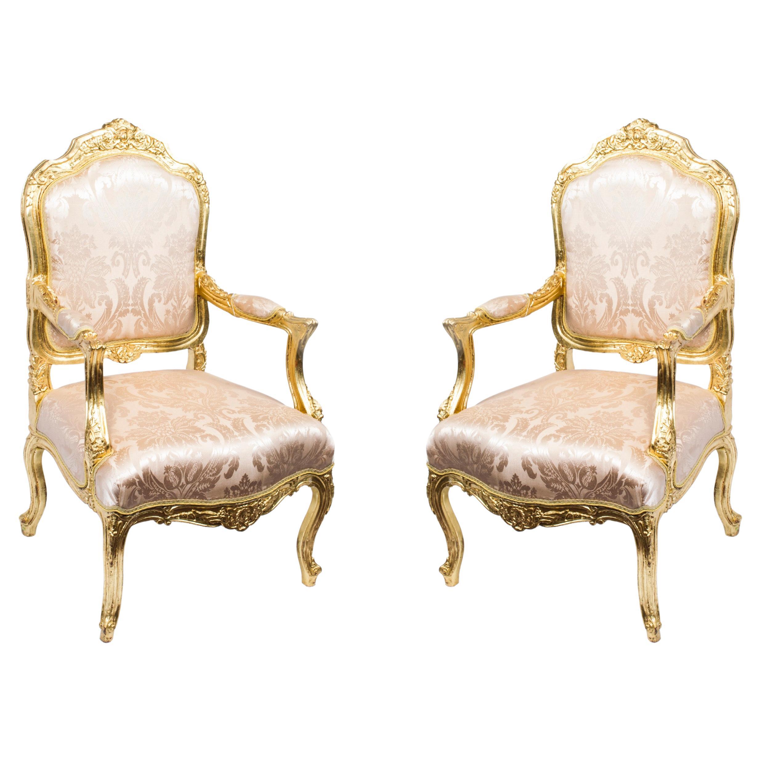 Vintage Pair Louis XV Revival French Gilded Armchairs 20th Century